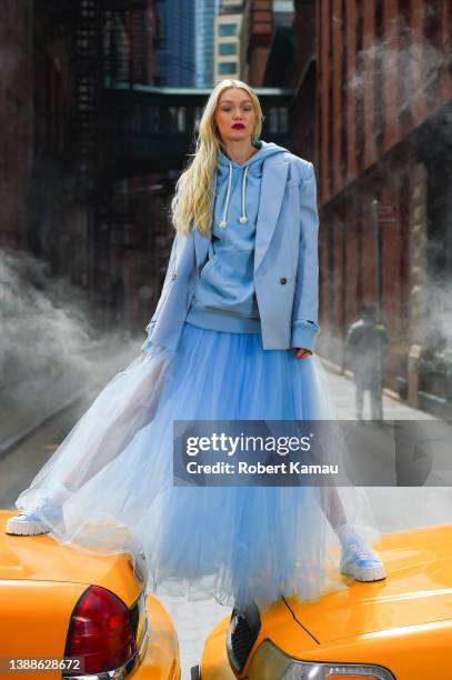 Gigi Hadid seen at a photo shoot in Tribeca on March 30, 2022 in New York City.