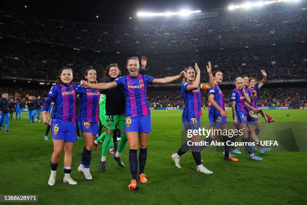 Players of FC Barcelona celebrate following their side's victory in the UEFA Women's Champions League Quarter Final Second Leg match between FC...