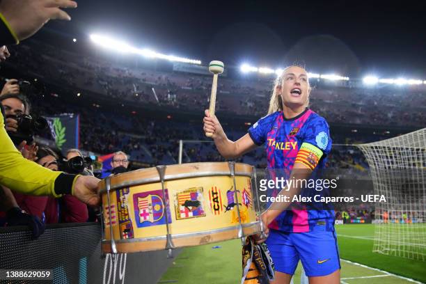 Alexia Putellas of FC Barcelona celebrates victory with fans following the UEFA Women's Champions League Quarter Final Second Leg match between FC...