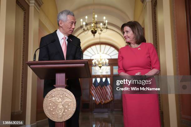 Singapore Prime Minister Lee Hsien Loong delivers remarks with U.S. Speaker of the House Nancy Pelosi at the U.S. Capitol March 30, 2022 in...