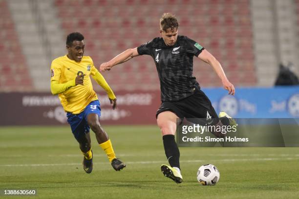 Nando Pijnaker of New Zealand on the ball during the 2022 FIFA World Cup Oceania Qualifier Final match between Solomon Islands and New Zealand at...
