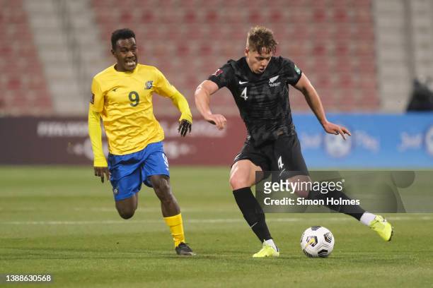 Nando Pijnaker of New Zealand on the ball during the 2022 FIFA World Cup Oceania Qualifier Final match between Solomon Islands and New Zealand at...