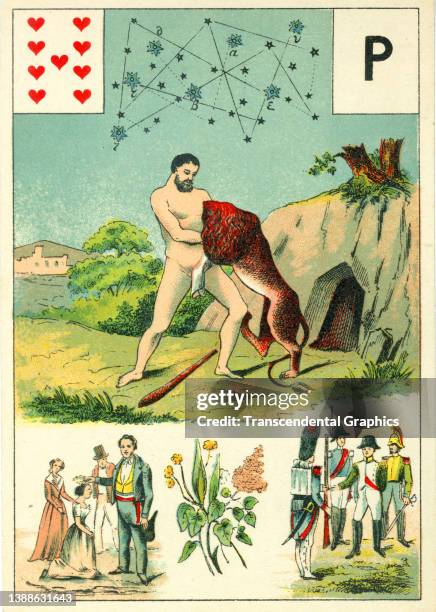 View of the 'Nine of Hearts' from a deck of Lenormand playing cards entitled 'Grand leu de Mlle' , 1890. The deck was produced by the estate of...