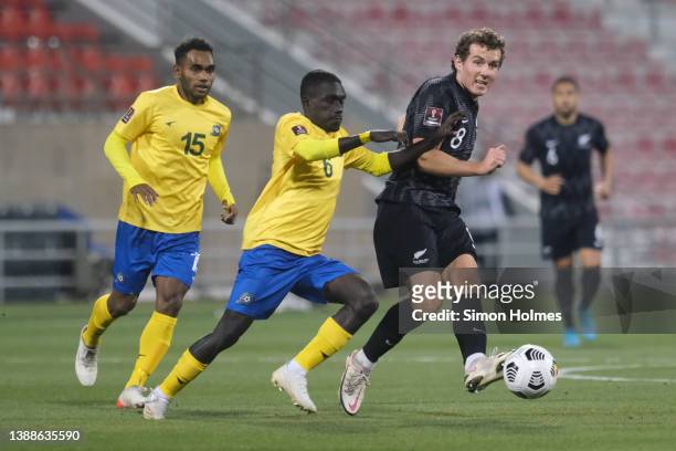 Joe Bell of New Zealand on the ball during the 2022 FIFA World Cup Oceania Qualifier Final match between Solomon Islands and New Zealand at Grand...