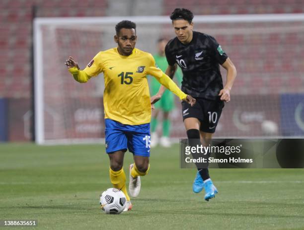 Molis Junior Gagame of Solomons Islands on the ball during the 2022 FIFA World Cup Oceania Qualifier Final match between Solomon Islands and New...