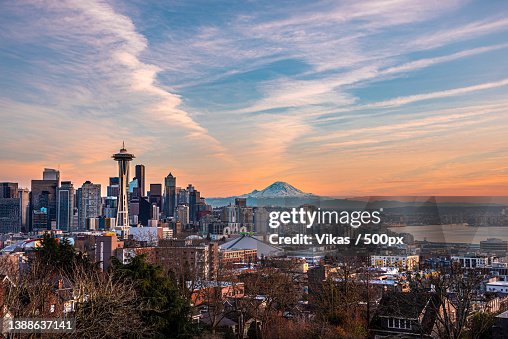 Aerial view of buildings in city against sky during sunset,Kerry Park,United States,USA Aerial view of buildings in city against sky during sunset,Kerry Park,United States,USA