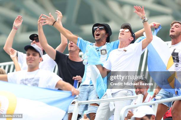Fans cheer for Francisco Cerundolo of Argentina after Jannik Sinner of Italy retired in their Men's quarterfinal match during the Miami Open at Hard...