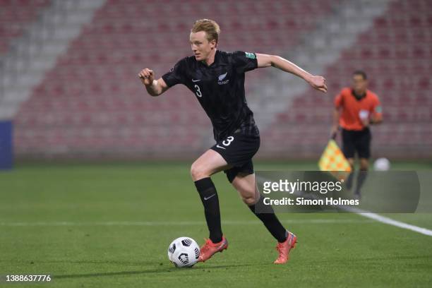 Francis De Vries of New Zealand on the ball during the OFC World Cup qualifiers final at Grand Hamad Stadium on March 30, 2022 in Doha, Qatar.