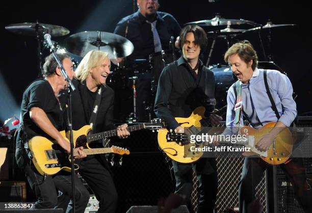 Bruce Springsteen, Joe Walsh, Rusty Anderson and Paul McCartney perform onstage at the 54th Annual GRAMMY Awards held at Staples Center on February...