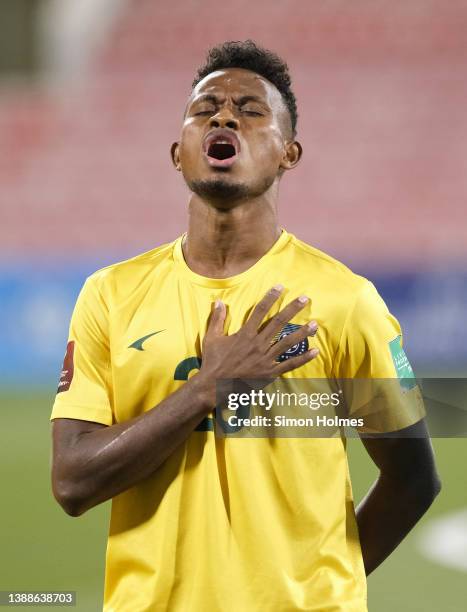 Raphael Ohanua Lea'i Jr of Solomon Islands sings the national anthem before the OFC World Cup qualifiers final at Grand Hamad Stadium on March 30,...