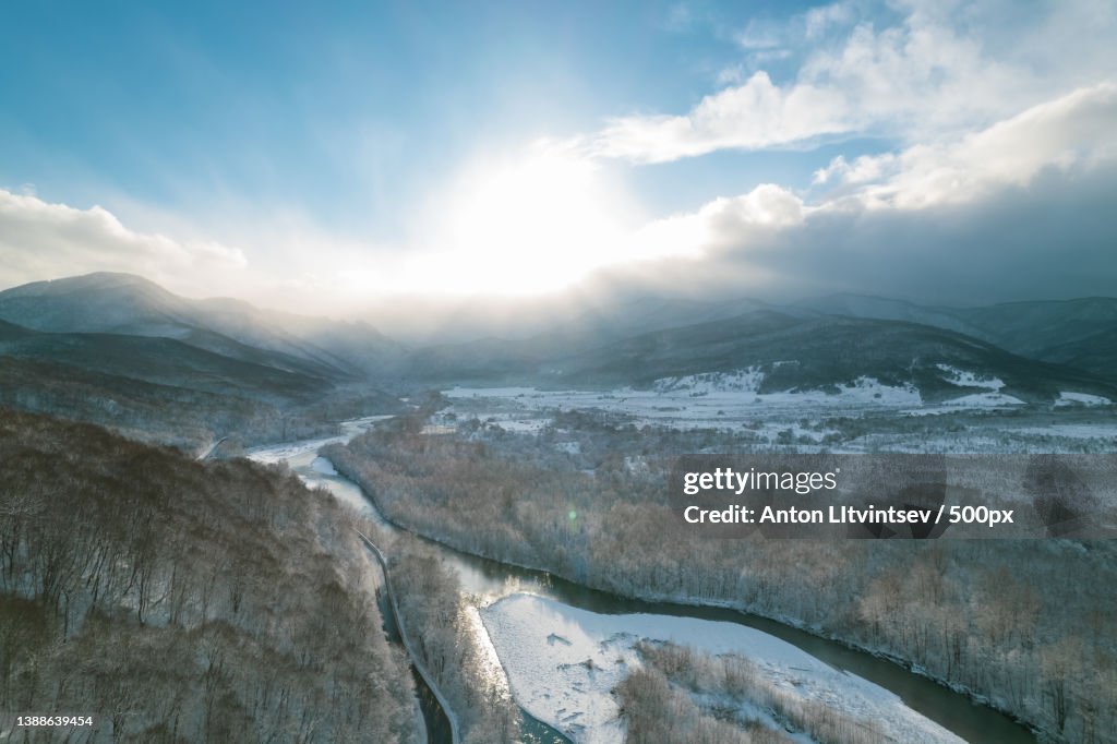 Aerial view of Plateau Lago- Naki mountain twisted road in the winter
