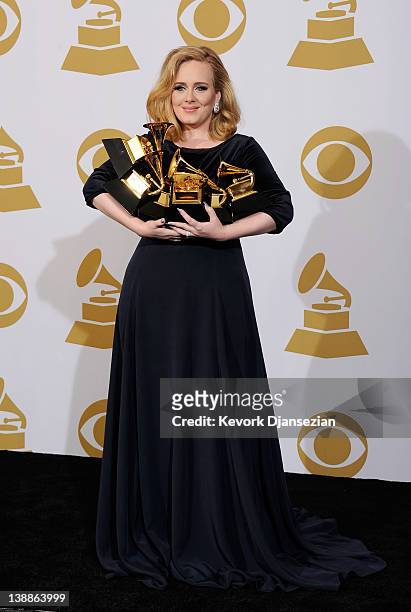 Singer Adele, winner of six GRAMMYs, poses in the press room at the 54th Annual GRAMMY Awards at Staples Center on February 12, 2012 in Los Angeles,...