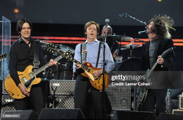 Musicians Rusty Anderson, Sir Paul McCartney and Dave Grohl perform onstage at The 54th Annual GRAMMY Awards at Staples Center on February 12, 2012...