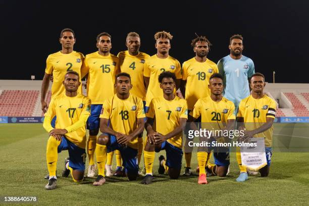 Solomon Islands starting eleven before the OFC World Cup qualifiers final at Grand Hamad Stadium on March 30, 2022 in Doha, Qatar.
