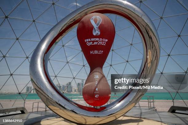 World Cup 2022 countdown trophy clock is seen at Doha's corniche on March 30, 2022 in Doha, Qatar.