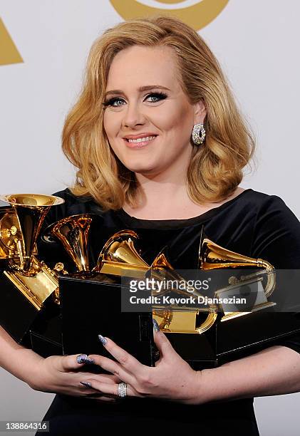 Singer Adele, winner of the GRAMMYs for Record of the Year for "Rolling In The Deep", Album of the Year for "21", Song of the Year for "Rolling In...