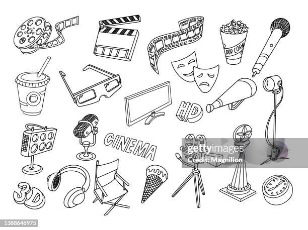 illustrazioni stock, clip art, cartoni animati e icone di tendenza di cinema doodles set - movie and tv awards red carpet