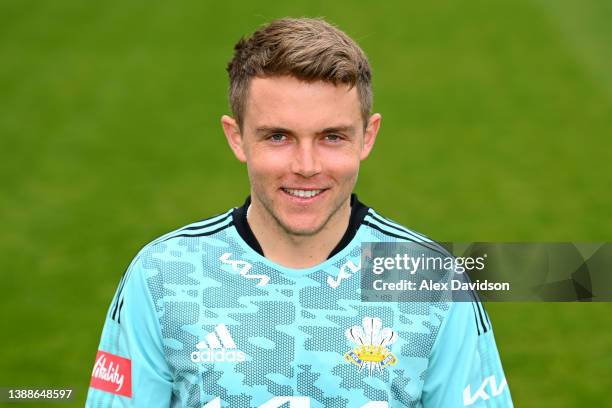 Sam Curran of Surrey poses for a photo during the Surrey CCC Photocall at The Kia Oval on March 30, 2022 in London, England.