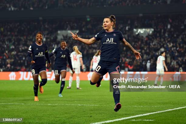 Ramona Bachmann of Paris Saint-Germain celebrates after scoring their team's second goal during the UEFA Women's Champions League Quarter Final...