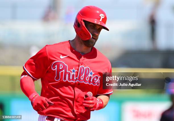 Bryce Harper of the Philadelphia Phillies runs the bases after hitting a home run in the sixth inning against the Detroit Tigers during a Grapefruit...
