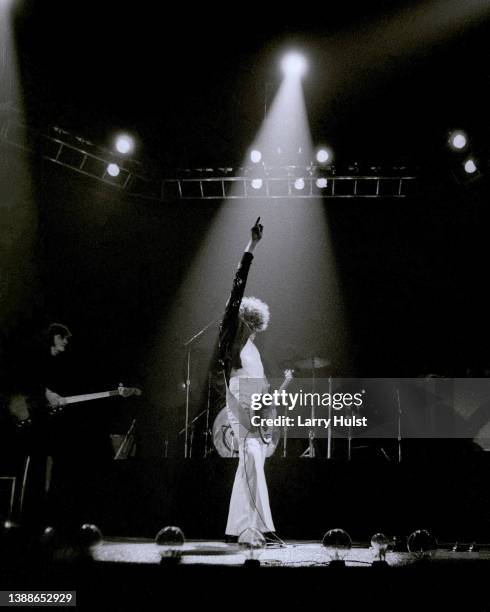 Led Zeppelin, is performing at the Sports Arena in San Diego, California on March 14, 1975.