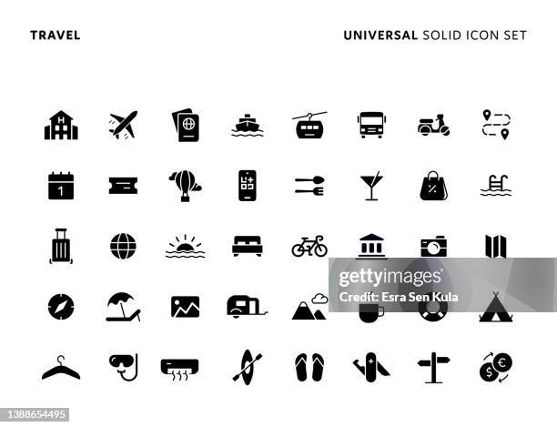 reisekonzept universal solid icon set. icons eignen sich für webseiten-, mobile app-, ui-, ux- und gui-design. - travel stock-grafiken, -clipart, -cartoons und -symbole