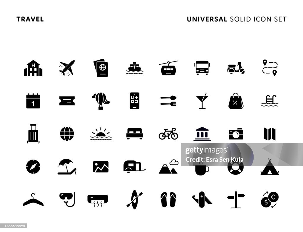Travel Concept Universal Solid Icon Set. Icons are Suitable for Web Page, Mobile App, UI, UX and GUI design.