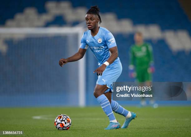 Roméo Lavia of Manchester City in action during the Premier League 2 match between Manchester City U23 and Liverpool U23 at Etihad Stadium on March...