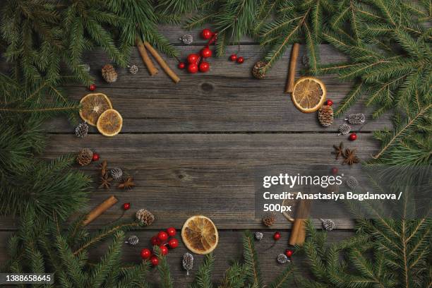 christmas festive decoration frame on wooden background - food table edge stock pictures, royalty-free photos & images