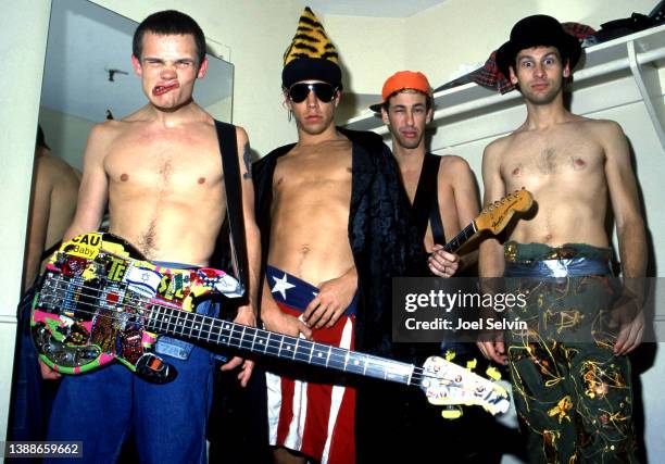 Bassist Flea, singer and songwriter Anthony Kiedis, guitarist Hillel Slovak and drummer Cliff Martinez, of the American rock band The Red Hot Chili...