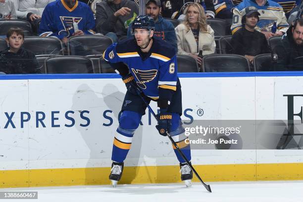 Marco Scandella of the St. Louis Blues looks on during a game against the Vancouver Canucks at the Enterprise Center on March 28, 2022 in St. Louis,...