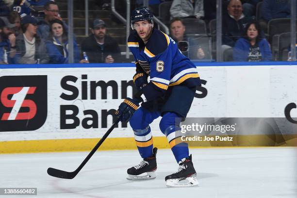 Marco Scandella of the St. Louis Blues in action against the Vancouver Canucks at the Enterprise Center on March 28, 2022 in St. Louis, Missouri.