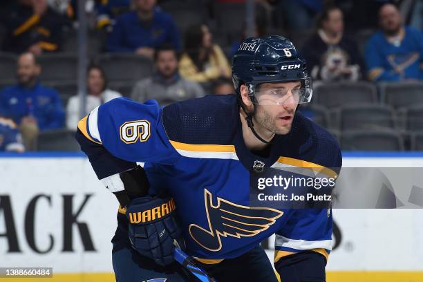 Marco Scandella of the St. Louis Blues looks on during a game against the Vancouver Canucks at the Enterprise Center on March 28, 2022 in St. Louis,...