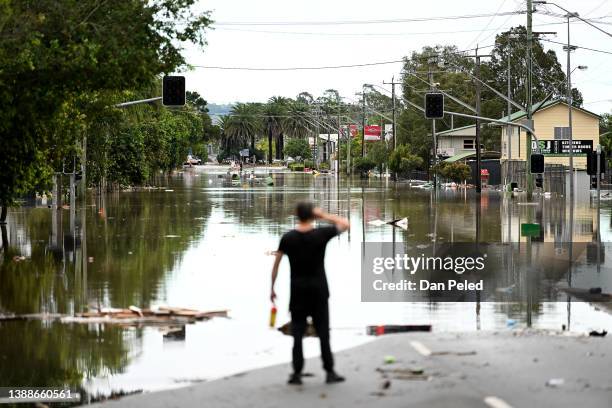Main street is under floodwater on March 31, 2022 in Lismore, Australia. Evacuation orders have been issued for towns across the NSW Northern Rivers...