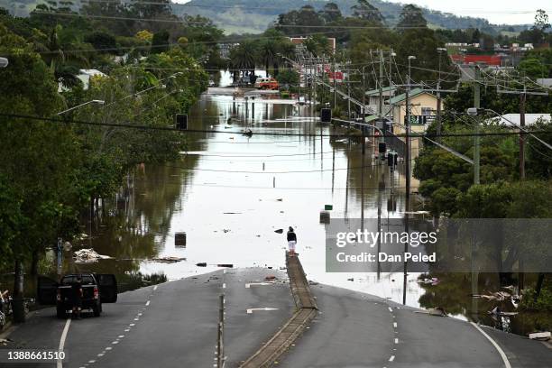 Main street is under floodwater on March 31, 2022 in Lismore, Australia. Evacuation orders have been issued for towns across the NSW Northern Rivers...