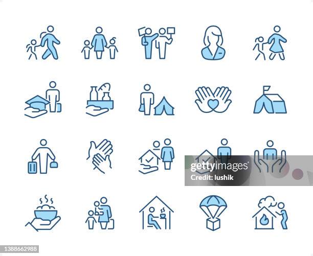 refugee & volunteer icon set. bearbeitbare strichstärke. pixel perfekte dichromatische symbole. - ukraine protest stock-grafiken, -clipart, -cartoons und -symbole