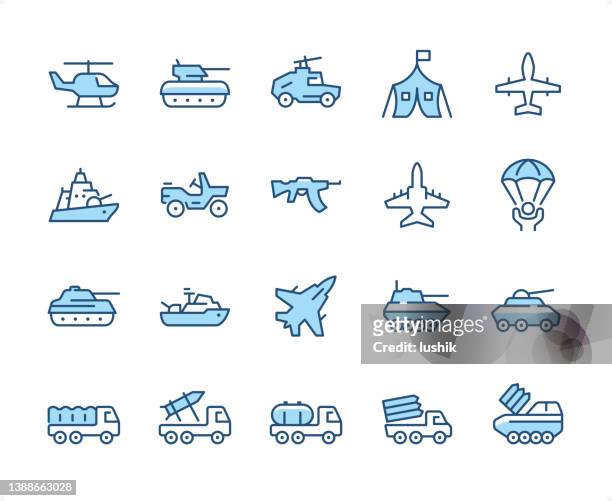 stockillustraties, clipart, cartoons en iconen met military vehicle icon set. editable stroke weight. pixel perfect dichromatic icons. - aircraft carrier icon