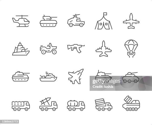 illustrations, cliparts, dessins animés et ic�ônes de jeu d’icônes de véhicule militaire. poids de contour modifiable. icônes parfaites au pixel près. - armement