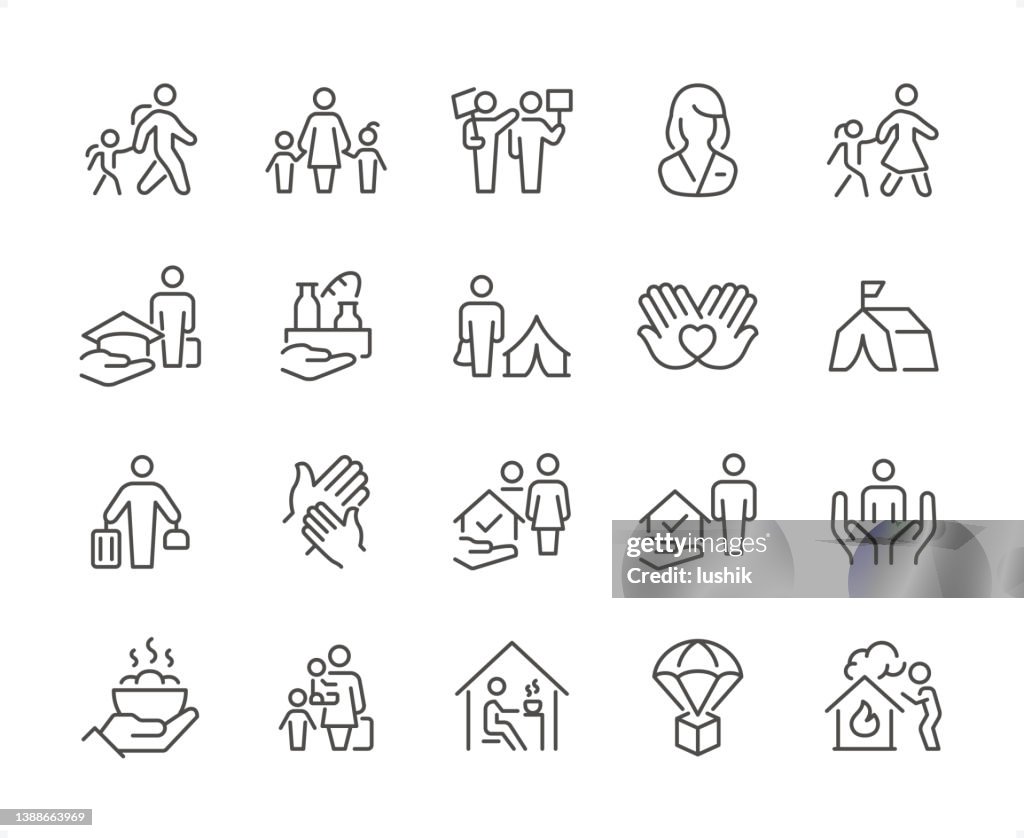 Refugee & Volunteer icon set. Editable stroke weight. Pixel perfect icons.