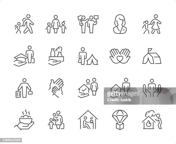 ilustrações de stock, clip art, desenhos animados e ícones de refugee & volunteer icon set. editable stroke weight. pixel perfect icons. - imigrante