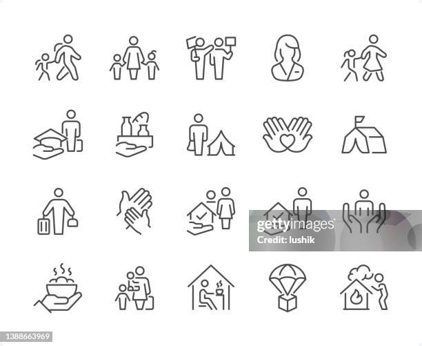 refugee & volunteer icon set. editable stroke weight. pixel perfect icons. - war 幅插畫檔、美工圖案、卡通及圖標