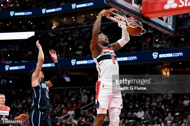 Rui Hachimura of the Washington Wizards dunks the ball in the first half against the Orlando Magic at Capital One Arena on March 30, 2022 in...