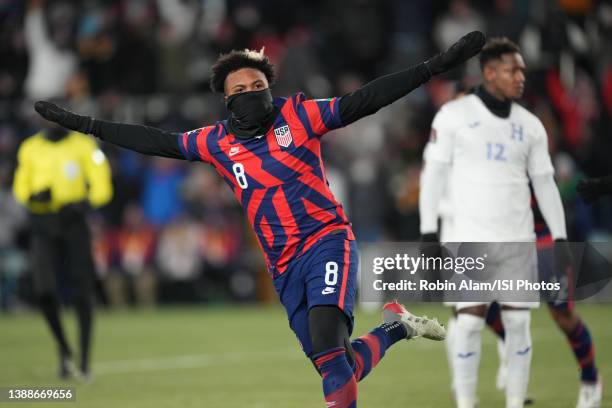 Weston McKennie of the United States celebrates scoring during a game between Honduras and USMNT at Allianz Field on February 2, 2022 in St. Paul,...