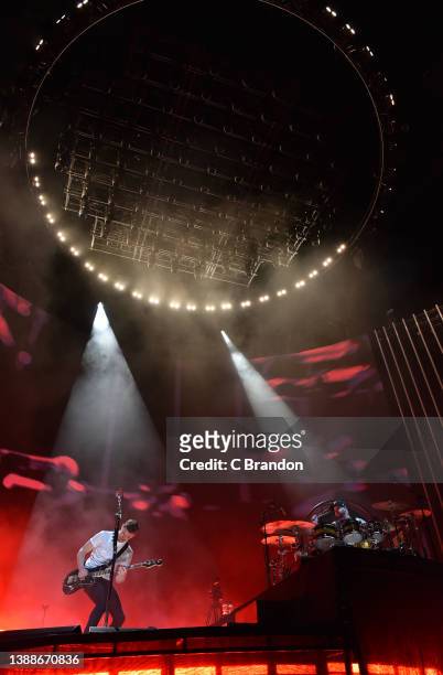 Mike Kerr and Ben Thatcher of Royal Blood perform on stage at the O2 Arena on March 30, 2022 in London, England.