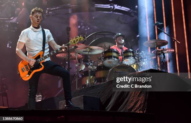 Mike Kerr and Ben Thatcher of Royal Blood perform on stage at the O2 Arena on March 30, 2022 in London, England.