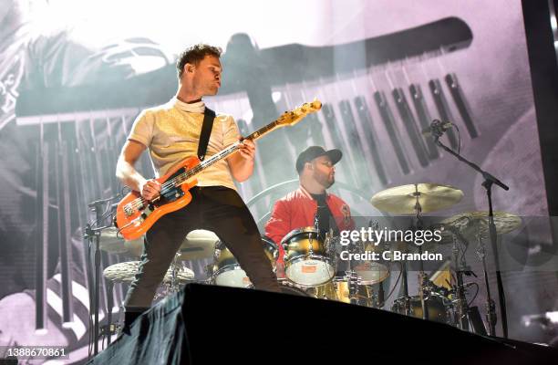 Mike Kerr and Ben Thatcher of Royal Blood perform on stage at the O2 Arena on March 30, 2022 in London, England.