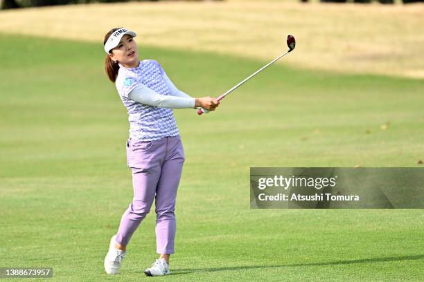 Chie Arimura of Japan hits her second shot on the 10th hole during the first round of Yamaha Ladies Open Katsuragi at Katsuragi Golf Club Yamana...