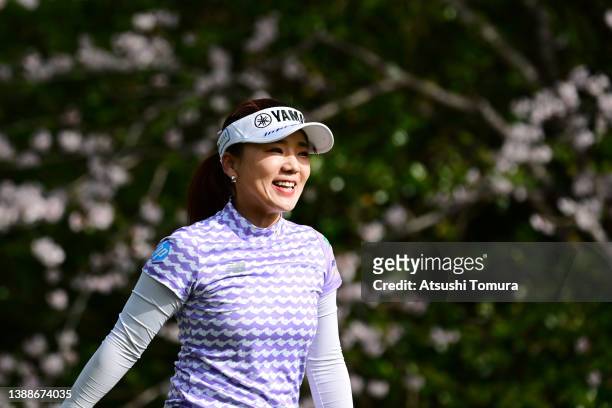 Chie Arimura of Japan smiles on the 11th hole during the first round of Yamaha Ladies Open Katsuragi at Katsuragi Golf Club Yamana Course on March...