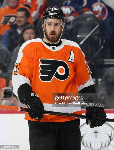 Kevin Hayes of the Philadelphia Flyers looks on against the New York Islanders at the Wells Fargo Center on March 20, 2022 in Philadelphia,...