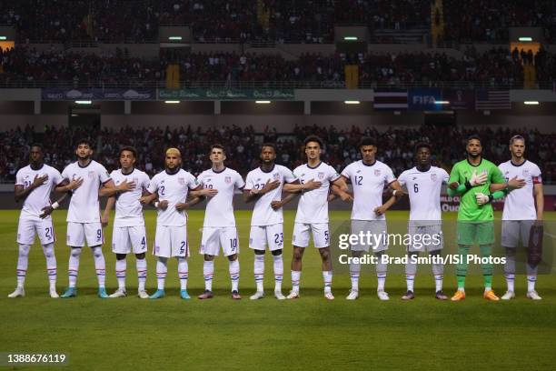 The United States starting eleven line up on the field before a FIFA World Cup qualifier game between Costa Rica and USMNT at Estadio Nacional de...